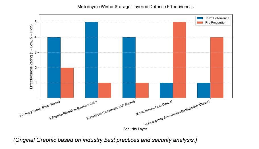 Data chart on layered defense effectiveness on motorcycle storage during winter.
