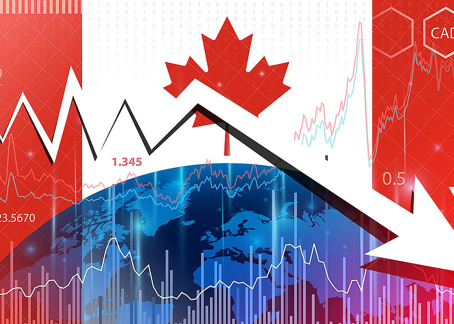 The flag of Canada illustrated with a downwards arrow, stock exchange rates and other recession concepts. — Tomasz Makowski // Shutterstock
