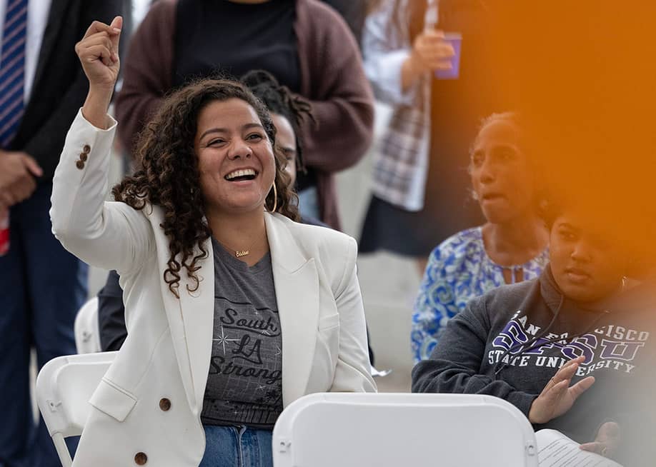 Sade Elhawary, left, cheers during her campaign kickoff for 2024 for California Assembly District 57 — Brian van der Brug // Los Angeles Times via Getty Images