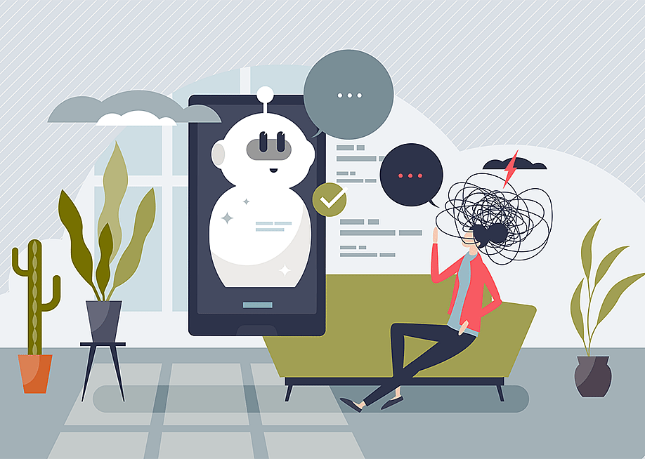 Chatbots in psychotherapy concept with person sitting on green couch with mental state represented by scribble typing to bot on screen replying via text. — VectorMine // Shutterstock