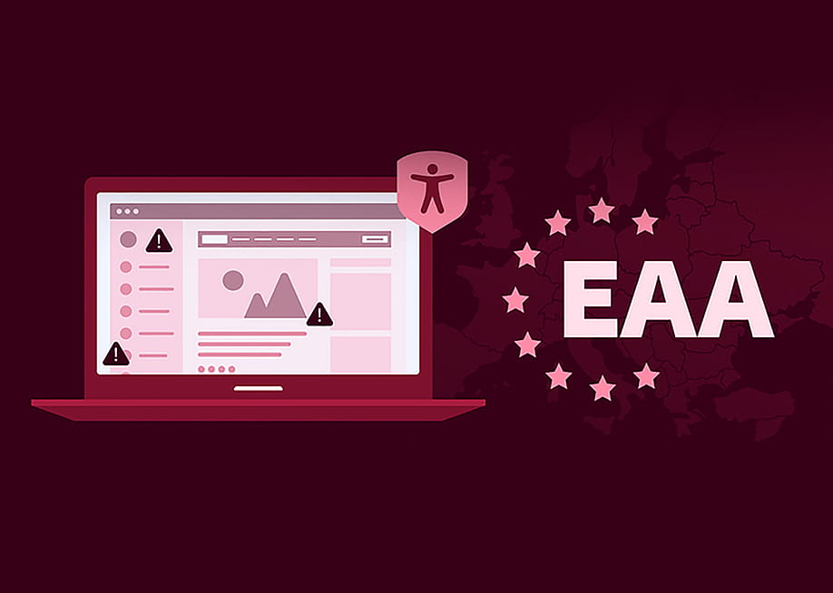 Custom illustration showing a laptop, a map and logo of the European Accessibility Act. — AudioEye