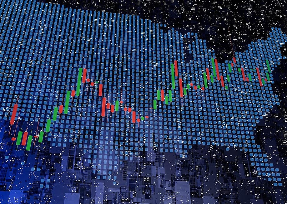 Map of U.S rendered in blue with financial candlestick chart overlaid on top illustrating concept of state economies. — yurakrasil // Shutterstock
