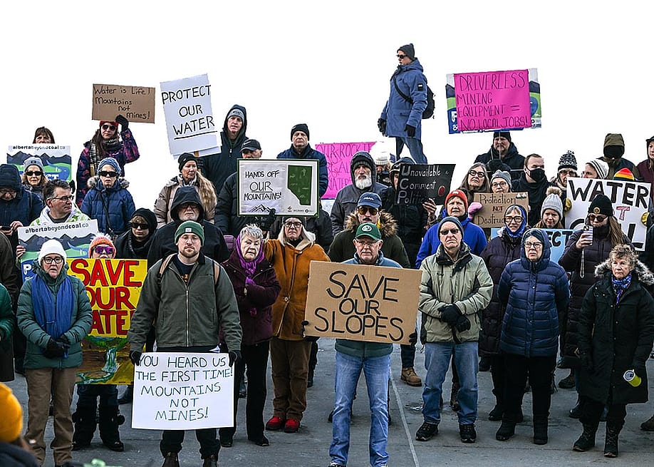 Local activists rally during the 'Protect Our Water' protest against coal mining in the Eastern Slopes, held outside the Alberta Legislature Building in Edmonton, Alberta, Canada, on January 25, 2025. — Artur Widak // NurPhoto via Getty Images