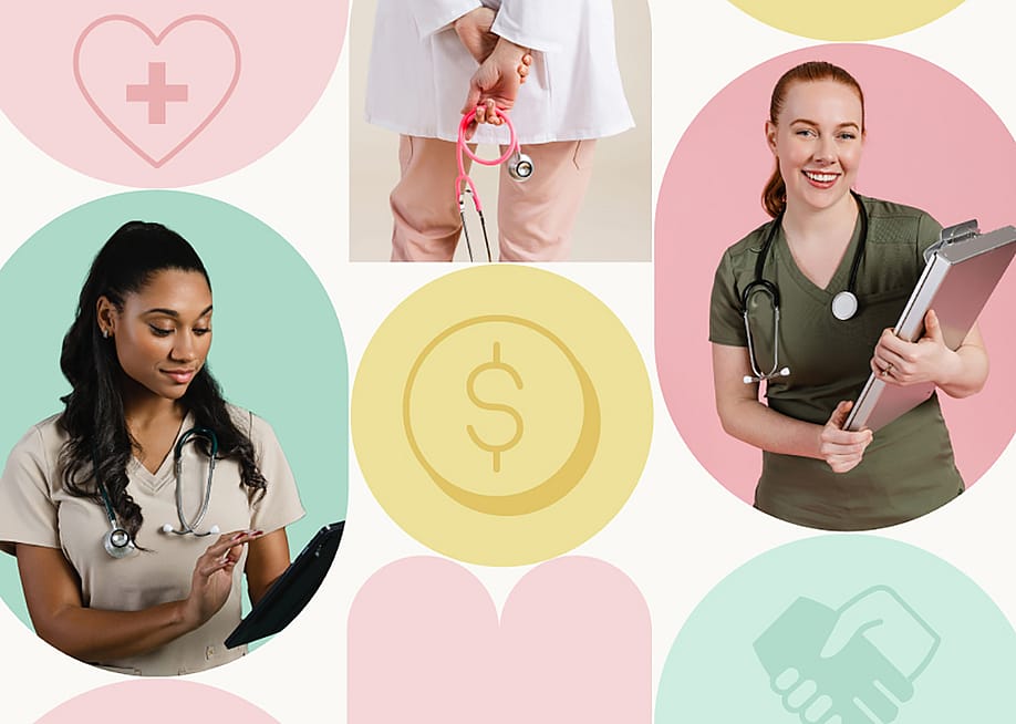 Custom collage graphic showing healthcare workers and colorful icons of health industry and salary symbols. — Vivian Health
