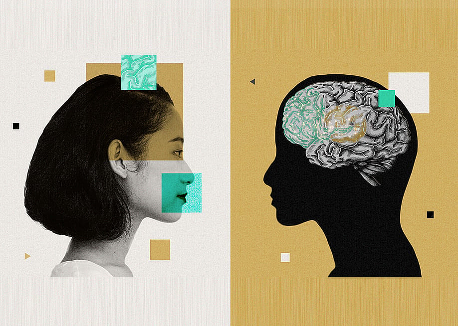 Custom illustration showing a collage of a young woman's side profile and opposite a figure showing the brain. — Emma Pattee // CU Anschutz Medical Campus