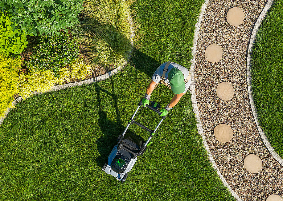 High-angle view of a gardener mowing a backyard using a cordless electric mower. — Virrage Images // Shutterstock