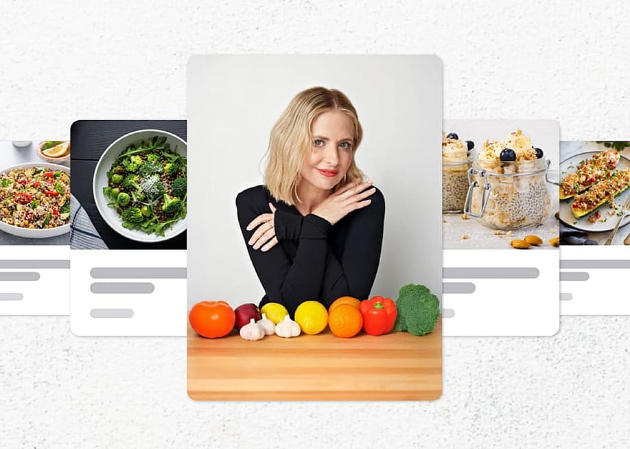 Collage graphic centering Sarah Michelle Gellar photographed with fresh produce on a kitchen board. — MyFitnessPal