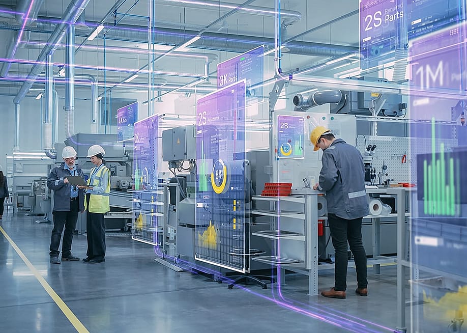 A factory optimizes digitalization where workers are working on high-tech equipment. — Gorodenkoff // Shutterstock