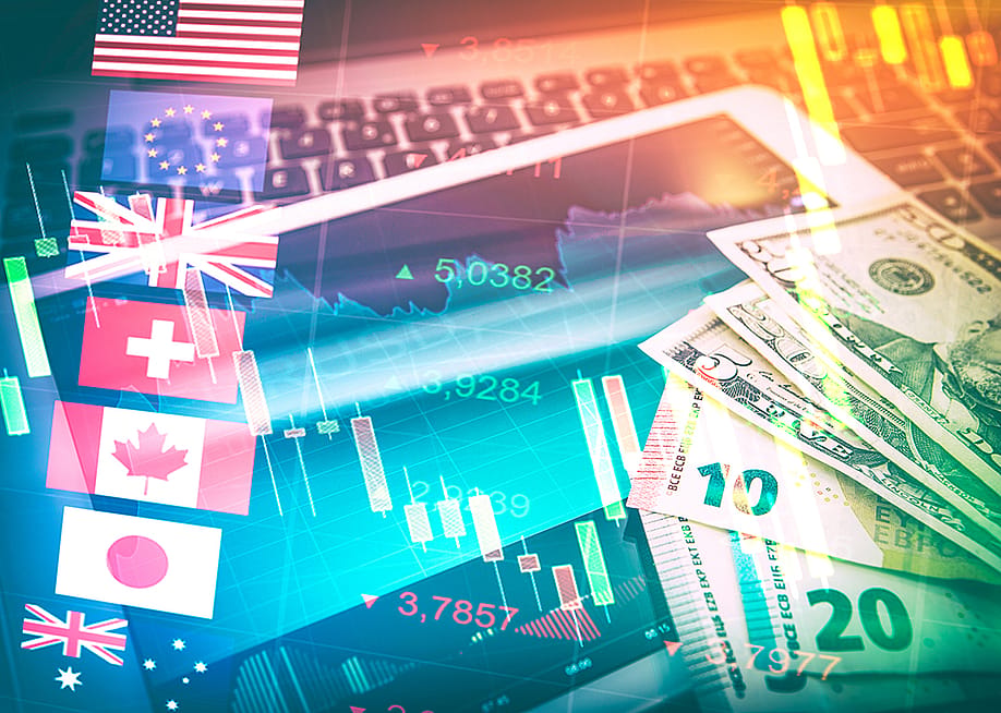 Forex markets and trading concept; flags of different countries illustrated with money and stock market graphics. — REDPIXEL.PL // Shutterstock