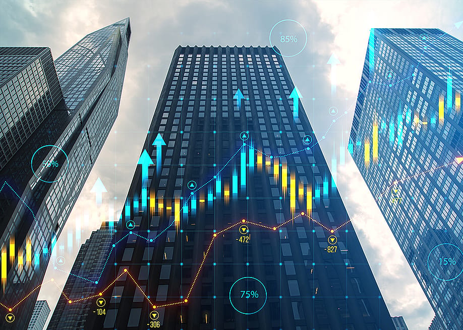 Skyscrapers illustrated with financial charts overlay. — Who is Danny // Shutterstock