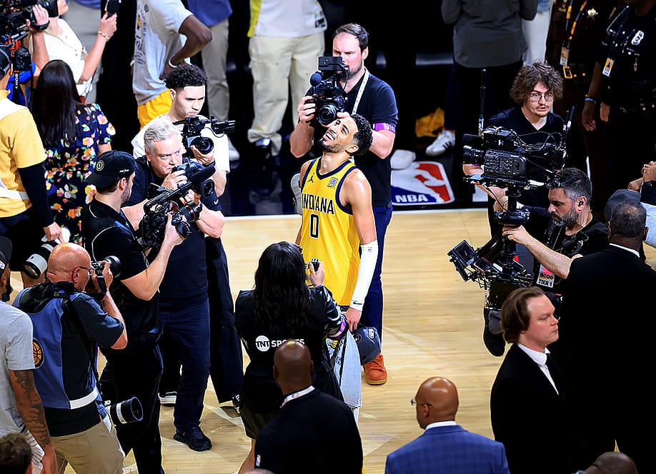 Tyrese Haliburton of the Indiana Pacers smiling after winning in Game Six of the Eastern Conference Finals of the 2025 NBA Playoffs. — Justin Casterline // Getty Images
