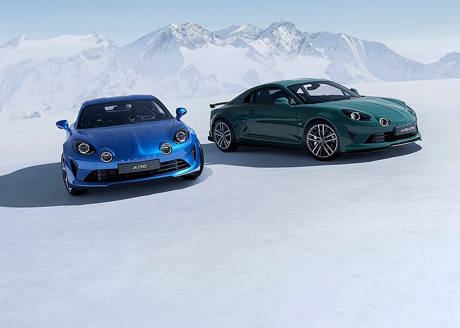 A blue and green Alpine 110 on a winter location. — Renault Group
