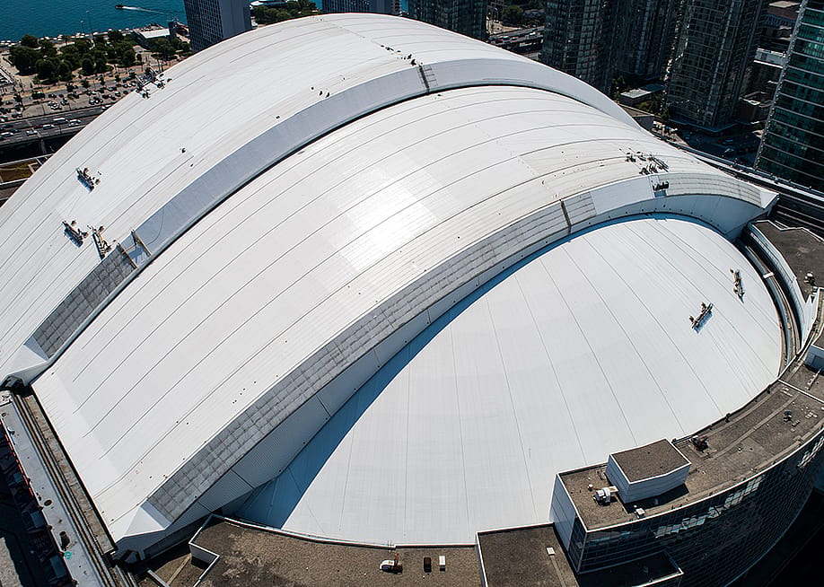 Workers install a new roof on the Rogers Centre, home of the Toronto Blue Jays baseball team. — Courtesy of the Vinyl Roofing Division of the Chemical Fabrics and Film Association