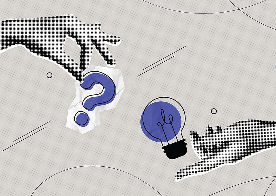 Problem-solving concept illustrated with halftone collage of two hands holding a lightbulb and a question mark. — Accogliente Design // Shutterstock