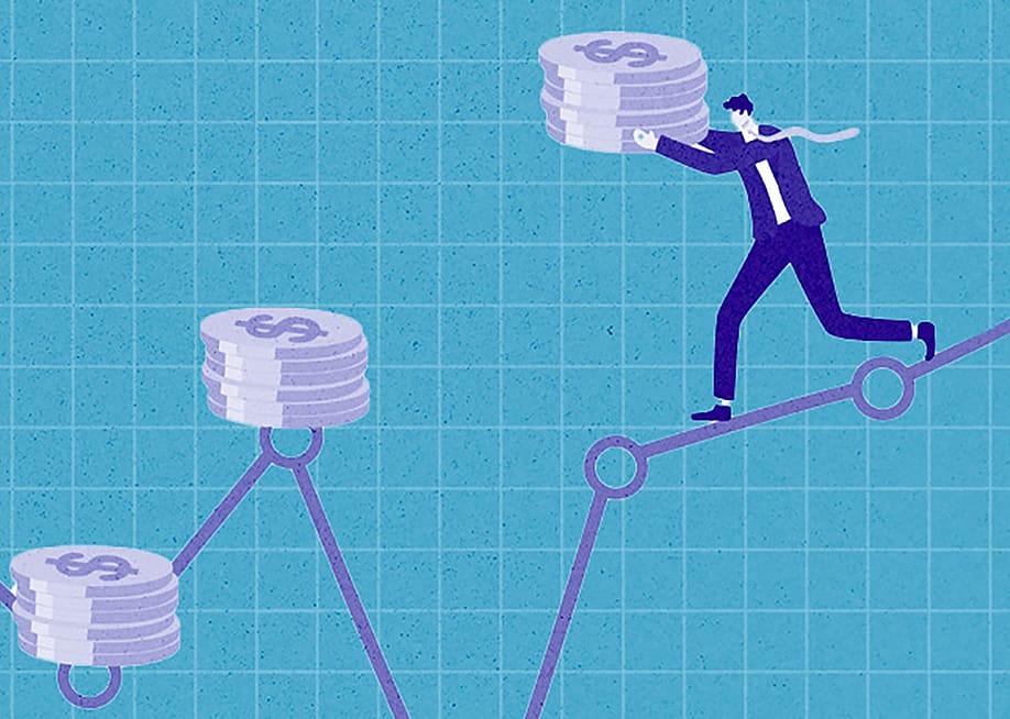 Custom illustration of a businessman carrying a stack of coins walking on a path towards more coins. — SoFi