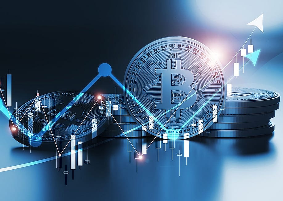Concept of bitcoin value fluctuations illustrated by image of chart trending prices going up and down overlaid on a bitcoin illustration. — Have a nice day Photo // Shutterstock