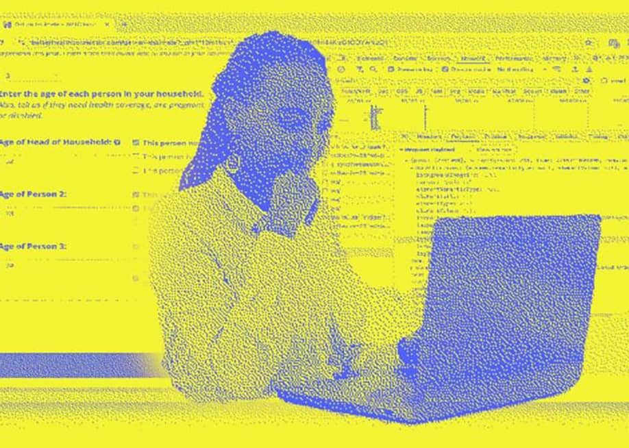 Illustration showing person using laptop with personal information in the background symbolizing the threat of private data at risk of being shared. — Gabriel Hongsdusit // CalMatters