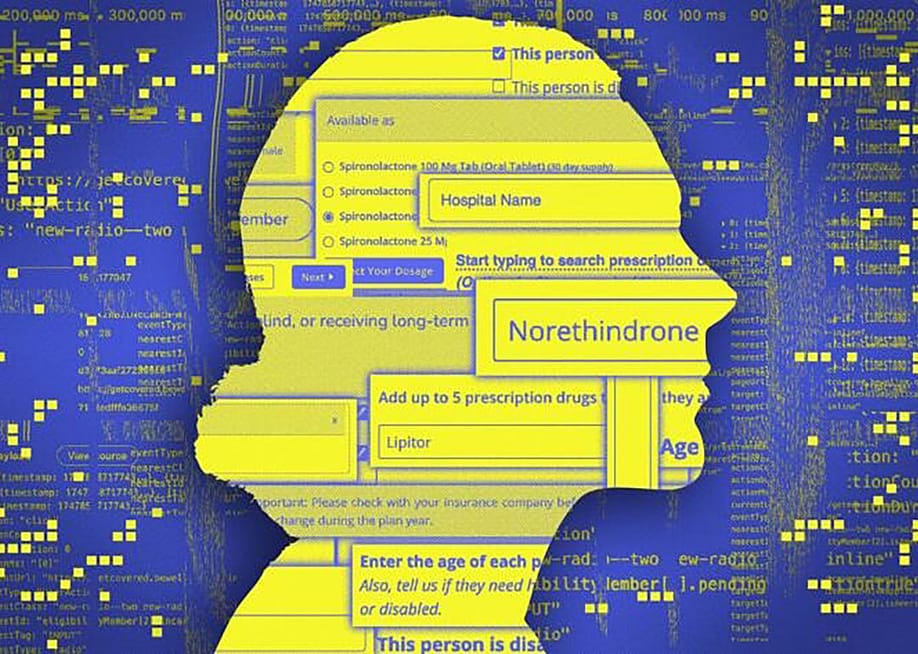 Illustration showing concept of private health data being leaked to tech companies. — Gabriel Hongsdusit // CalMatters