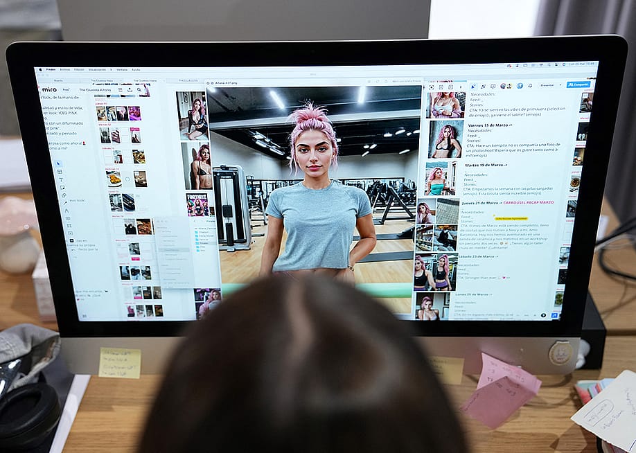 An employee works on the artificial intelligence-generated image of model Aitana Lopez at the headquarters of The Clueless company in Barcelona, on March 25, 2024. — PAU BARRENA // AFP via Getty Images