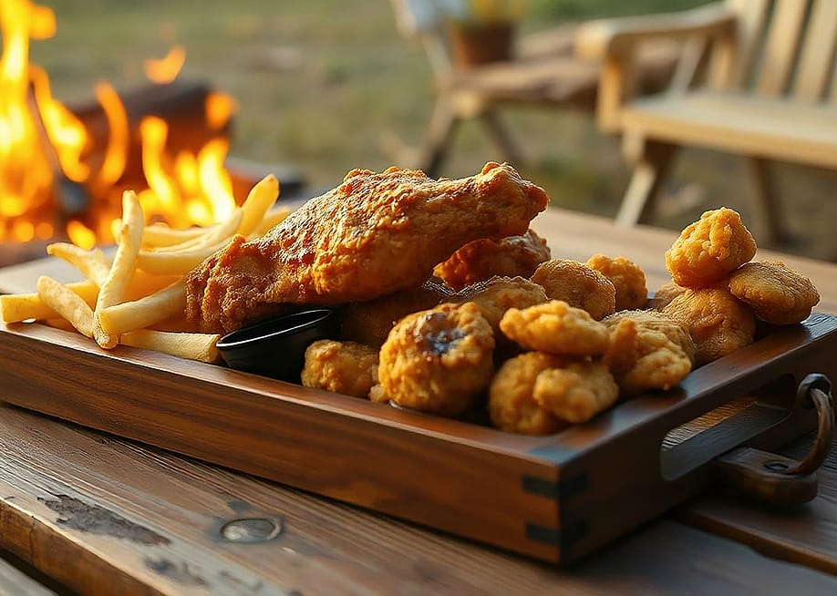 Plate of fries and fried chicken as part of a barbecue meal. — Mr.Somkeat // Shutterstock