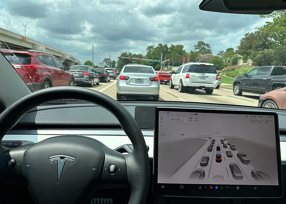 A self-driving Tesla car's view of the road ahead. — Brian Gallegos // Shutterstock