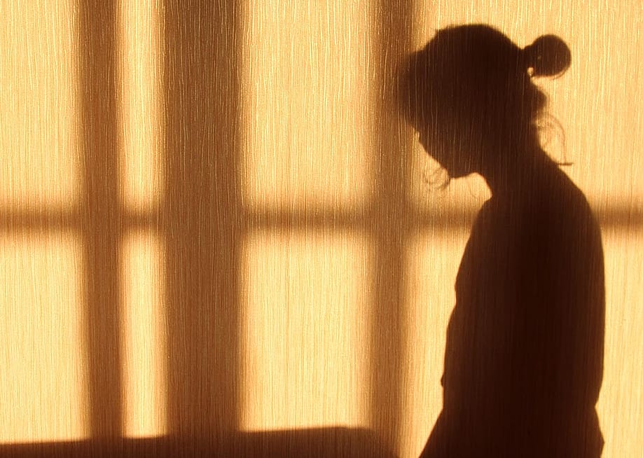 Silhouette of a person with a short ponytail and crossbars of a window on the against a wooden wall. — KATTY ELIZAROVA // Shutterstock