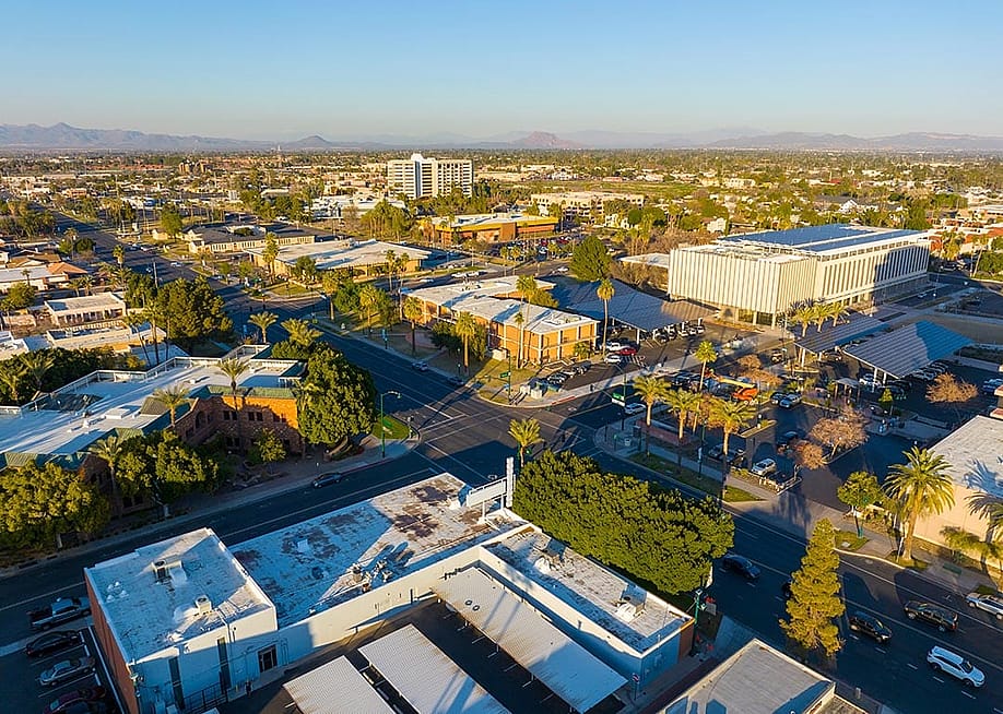 Aerial view on Center Street at Pepper Place at sunset, in Mesa, Arizona. — Wangkun Jia // Shutterstock