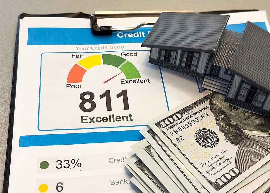 Figure of a house made of paper with credit report letters and cash around it. — Andrew Angelov // Shutterstock