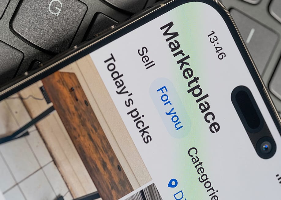Facebook Marketplace menu on a screen of a smartphone. — PixieMe // Shutterstock