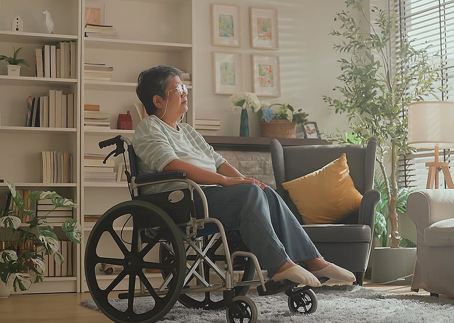 Senior woman in a wheelchair staring at a window in the living room. — WHYFRAME // Shutterstock