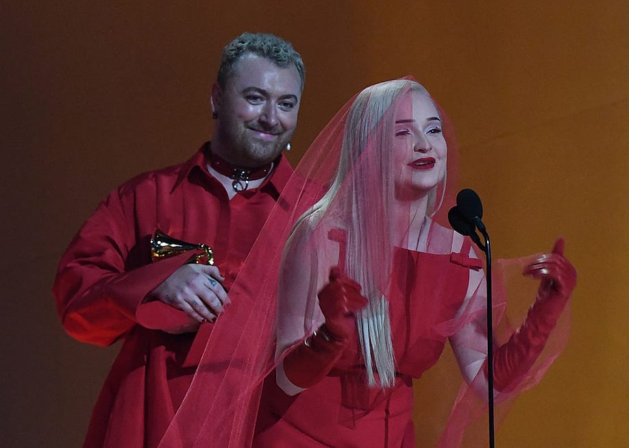 English singer-songwriter Sam Smith and German singer-songwriter Kim Petras accept the award for best Best Pop Duo/Group Performance during the 65th Annual Grammy Awards — VALERIE MACON // AFP via Getty Images