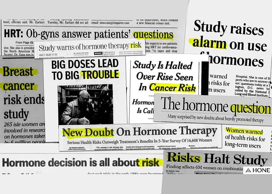 Illustration of newspapers with headlines about hormones. — Hone Health