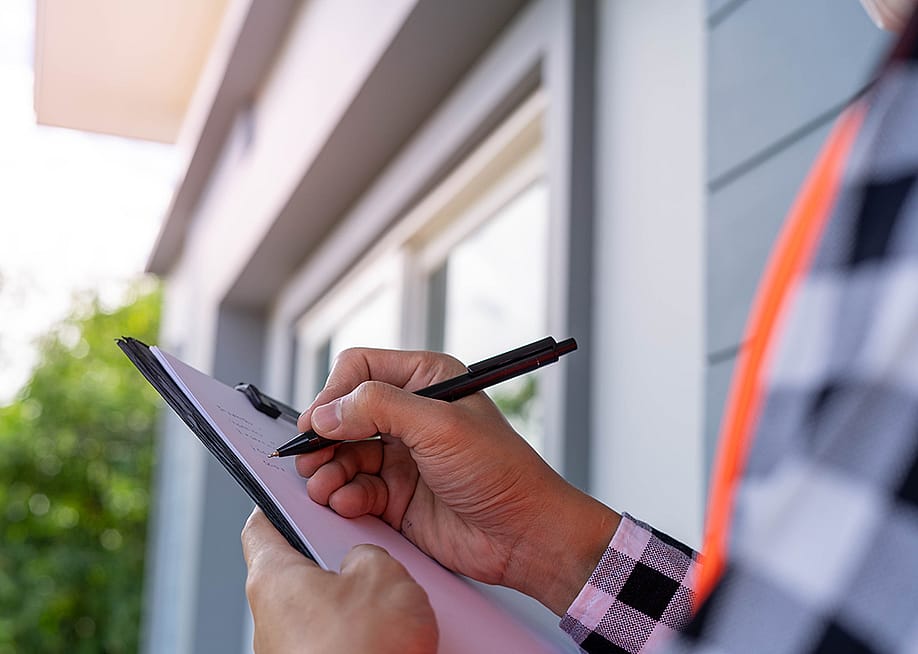 An inspector checking off a list while looking at a property. — shisu_ka // Shutterstock