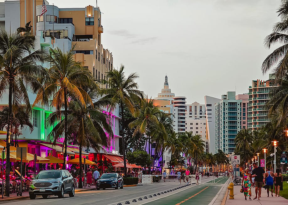A sunset view of Ocean Drive in South Beach in Miami, Florida. — MDV Edwards // Shutterstock