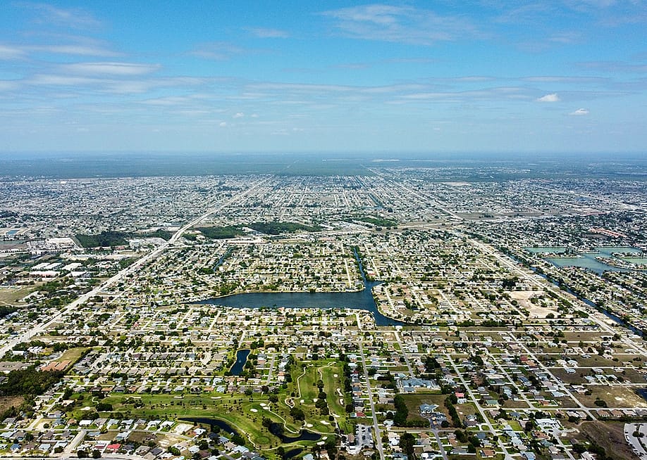 Aerial view of the residential neighborhoods in Cape Coral, Florida. — Tristan Takx // Shutterstock