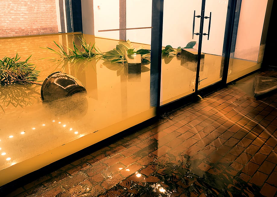 Water flowing from a flooded office during the tropical depression, Imelda, in Houston, Texas. — IrinaK // Shutterstock