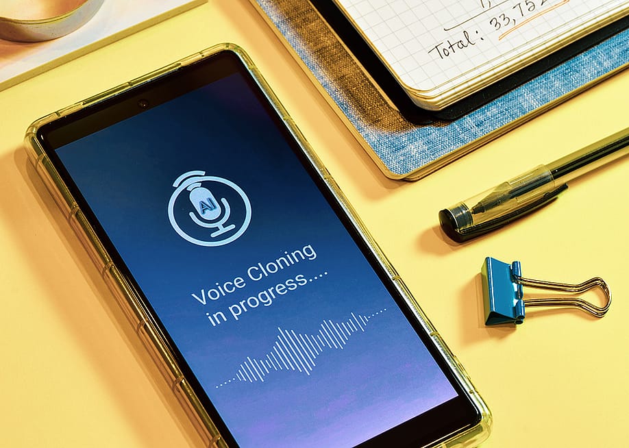 'Voice cloning in progress' displayed on a smartphone. — Linaimages // Shutterstock