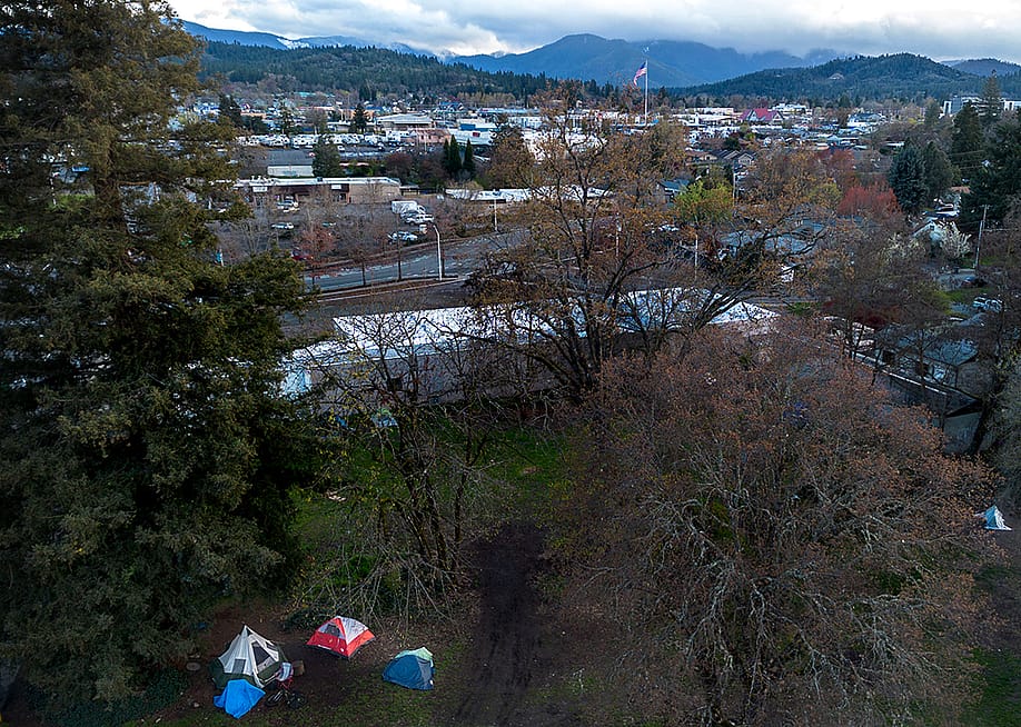 Unhoused people have set up a tent community at Riverside Park in Grants Pass, Oregon. — Melina Mara // The Washington Post via Getty Images