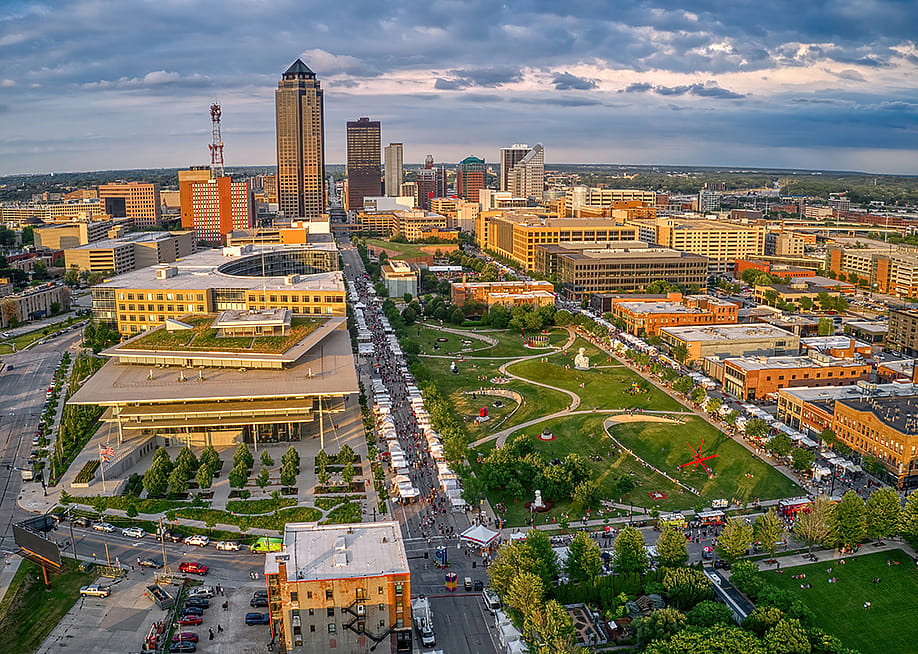Aerial view of the Des Moines skyline in Iowa. — Jacob Boomsma // Shutterstock