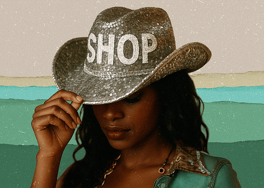 A person styled to look like Béyonce tips a silver bejeweled cowboy hat with the word "SHOP" on the front, against a gradient background of green. — Shopify