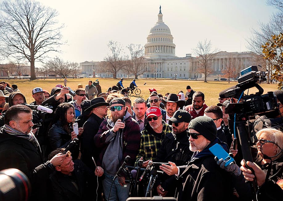 Members of the far-right group the Proud Boys, including their former leader Enrique Tarrio, Stewart Rhodes, Joe Biggs, Ethan Nordean and Zach Rehl speak to journalists on the east side of the U.S. Capitol, Feb. 2025. — Chip Somodevilla // Getty Images