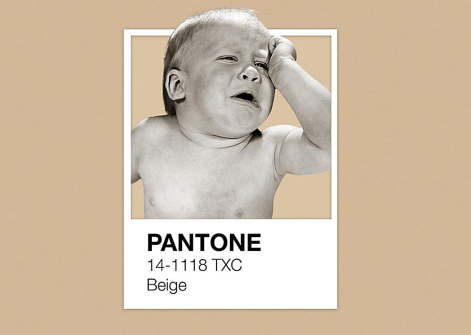 Illustration of crying baby above the pantone color card for beige, ona beige background. — Eamonn Fitzmaurice // The 74 / Getty Images