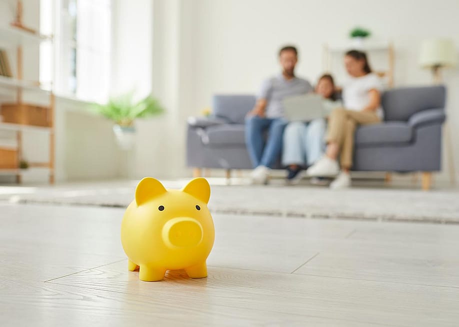 Yellow piggy money box standing on floor in the living room and a parents with a child girl sitting on sofa at home in background. — Studio Romantic // Shutterstock