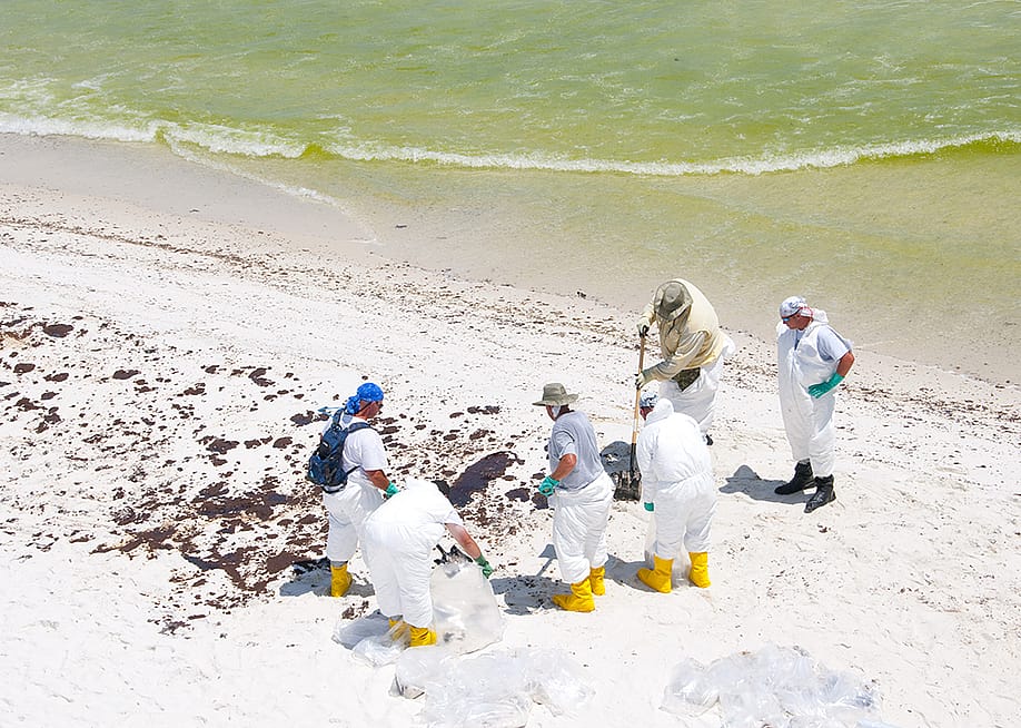 A group of BP oil workers attempt to clean sand spilled with oil in Pensacola Beach, Florida. — Cheryl Casey // Shutterstock