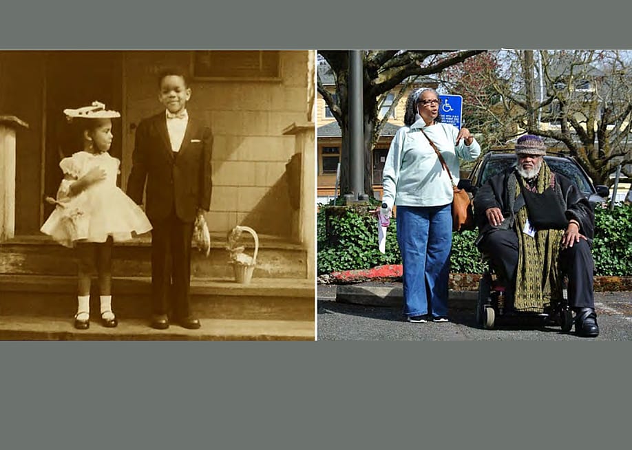 Elizabeth Fouther-Branch and Bobby Fouther stand in front of their great-aunt’s house in 1956 (left) and in a parking lot near where the house used to stand in 2020 (right). — Courtesy of the Oregon Law Center