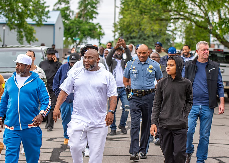 Roderick Parker, in white, Director of Big Hearts Community Projects at the 1,000 person march against gun violence in Fort Wayne, Indiana, on May 25th, 2025. — Courtesy of Jubbar Jefferson