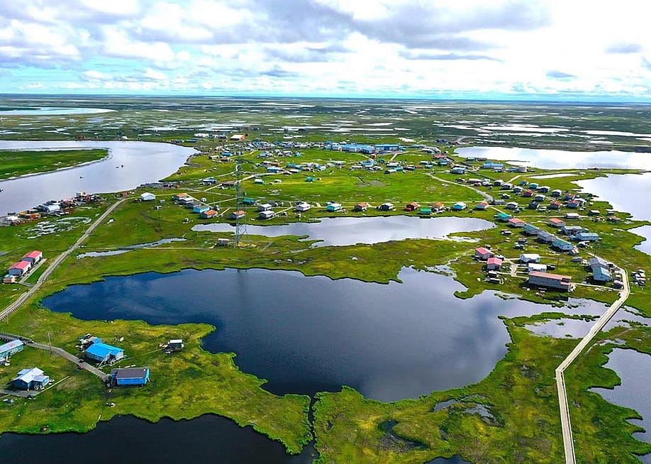 Aerial view of Kipnuk and surrounding bodies of water. — Zach Gionatti