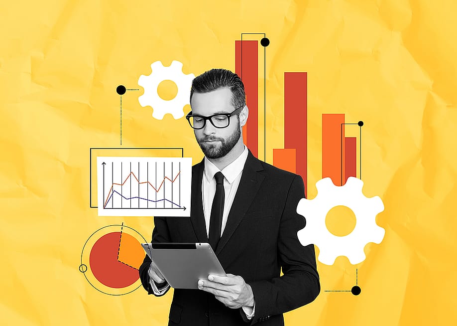 Collage of a finance businessman using a tablet illustrated with finance and analytics graphics. — Roman Samborskyi // Shutterstock