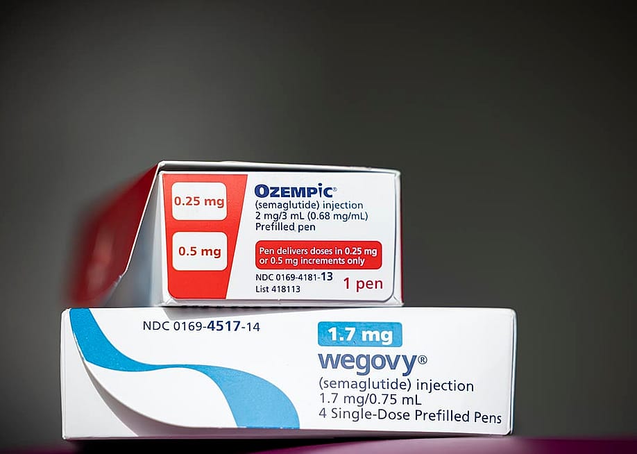 Stack of Ozempic box on top of Wegovy medications are seen at Children's Hospital in Aurora, CO November 2024. — Kevin Mohatt for The Washington Post via Getty Images