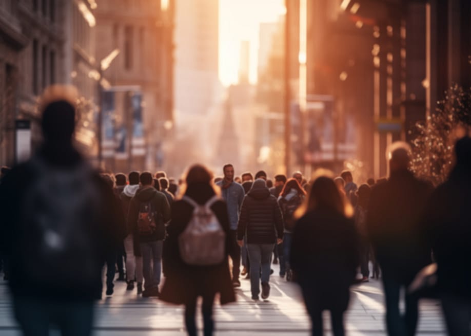A crowd of people walking in a city street during sunset. — carlos castilla // Shutterstock